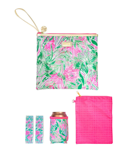 Lilly Pulitzer Water Resistant Vinyl Beach Day Pouch, Zipper Bag Includes Drink Hugger, Small Pouch, and Towel Clips, Coming in Hot