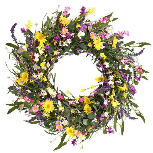 J'FLORU Spring Wreath,24" Spring Wreaths for Front Door Artificial Summer Flower Wreath with Daisy and Lavender for Indoor Outdoor and Easter Celebration