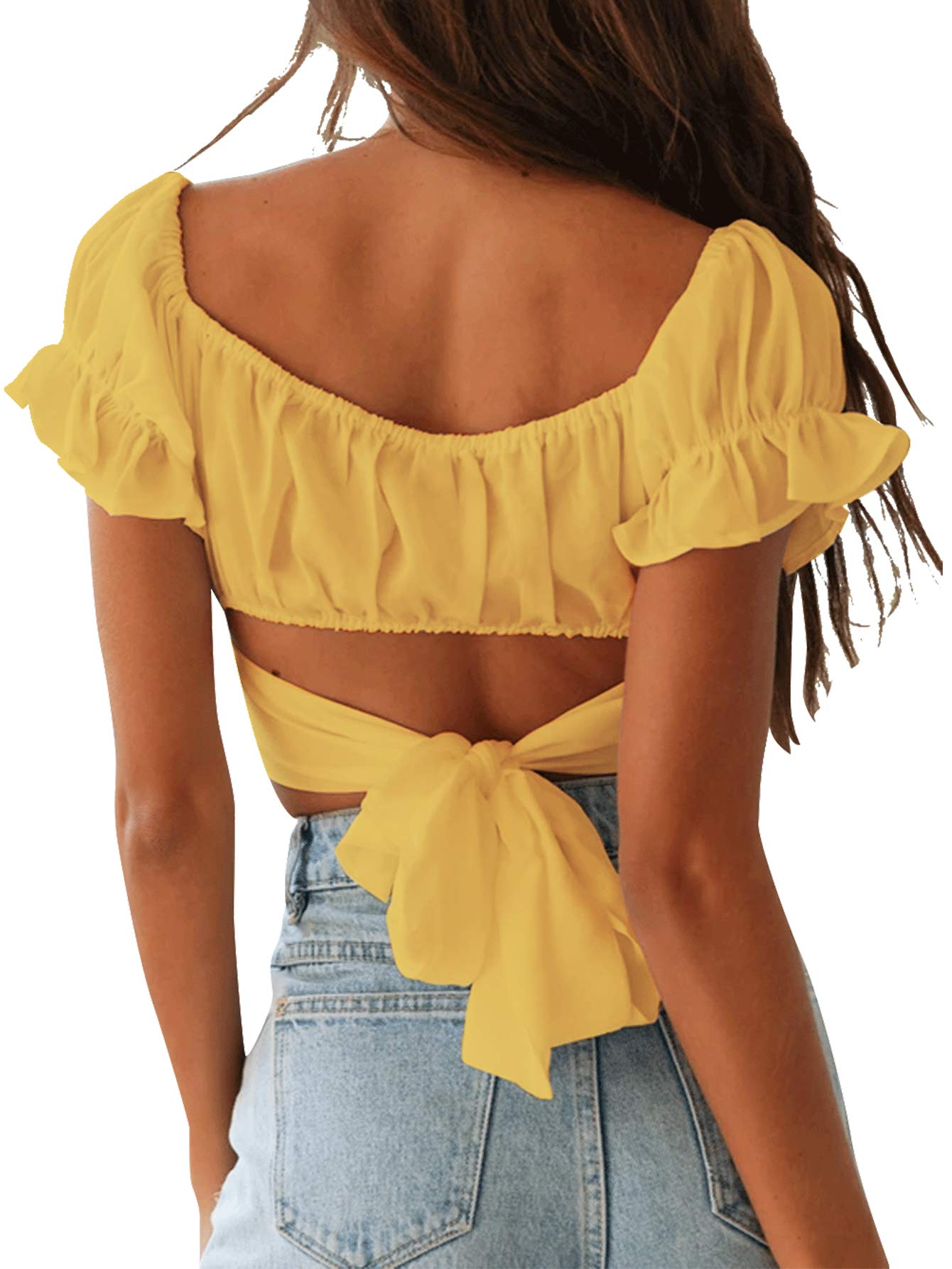 LYANER Women's Ruffle Short Sleeve Tie Up Back Crop Top Off Shoulder Bardot Blouse Yellow X-Small