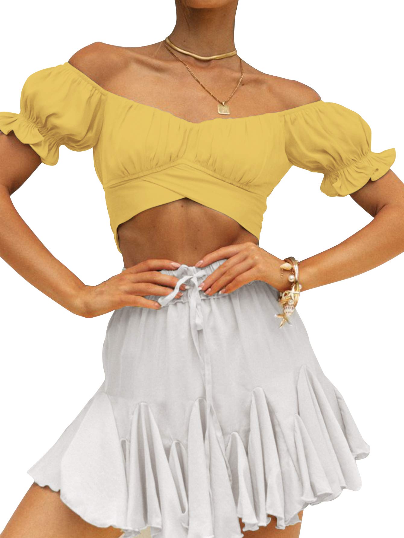 LYANER Women's Ruffle Short Sleeve Tie Up Back Crop Top Off Shoulder Bardot Blouse Yellow X-Small