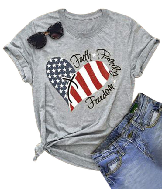 UNIQUEONE Women American Flag Print Tee Faith Family Freedom Short Sleeve Blouse T-Shirt Tops Size S Gray