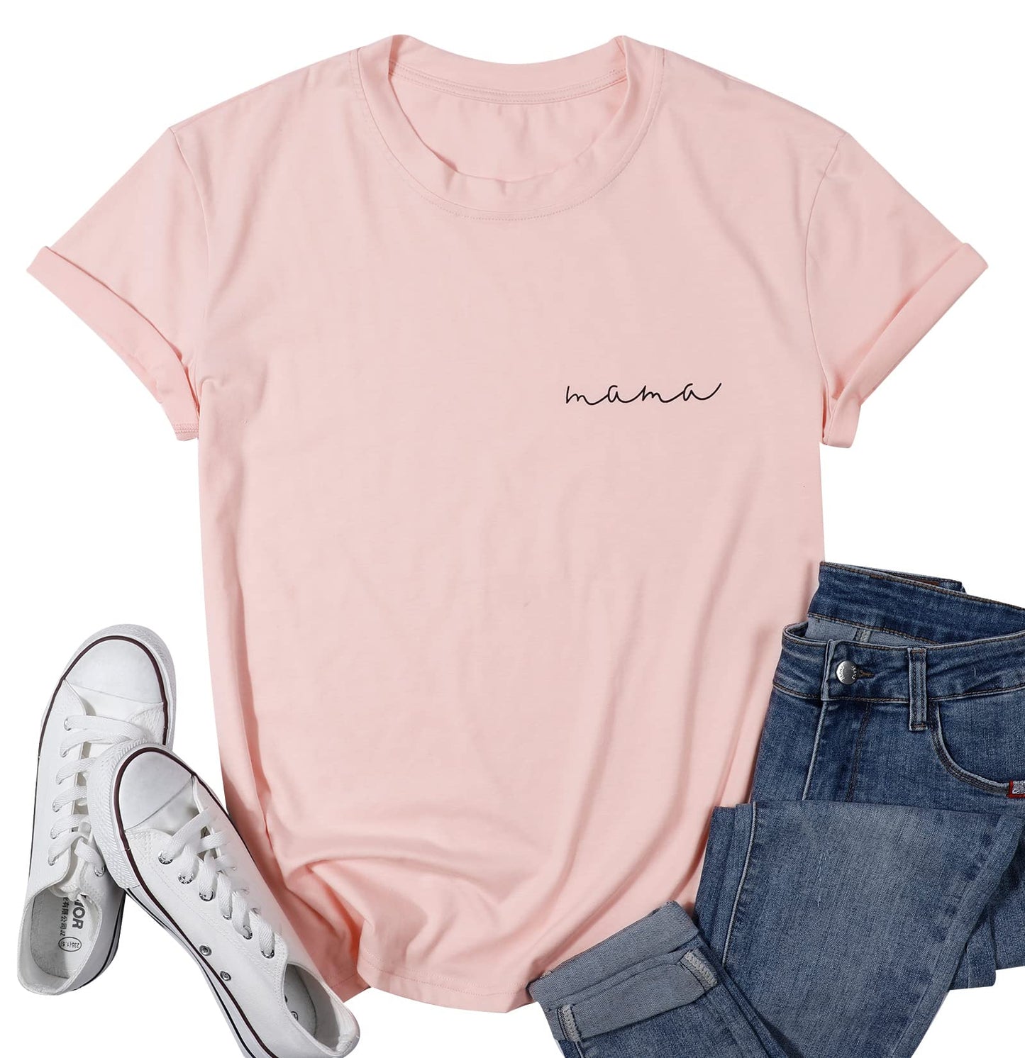 ASTANFY Mama Shirts Women Mama Letter Printed T-Shirt Mama Graphic Tee Casual Short Sleeve Tops Tee (Pink, Short Sleeve, X-Large)