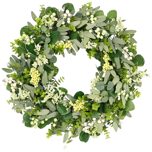 Green Eucalyptus Leaf Wreath, Vlorart 24 Inch Artificial Spring Summer Wreaths for Front Door Decor Boxwood Wreath with Big Berries, Farmhouse Greenery Wreath Outside Year Round - Indoor/Outdoor