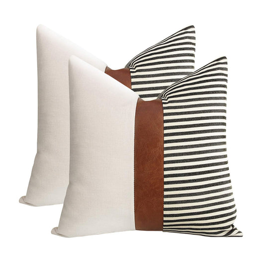 cygnus Set of 2 Farmhouse Decor Stripe Patchwork Linen Throw Pillow Covers,Modern Tan Faux Leather Accent Pillow Covers 18x18 inch,Black