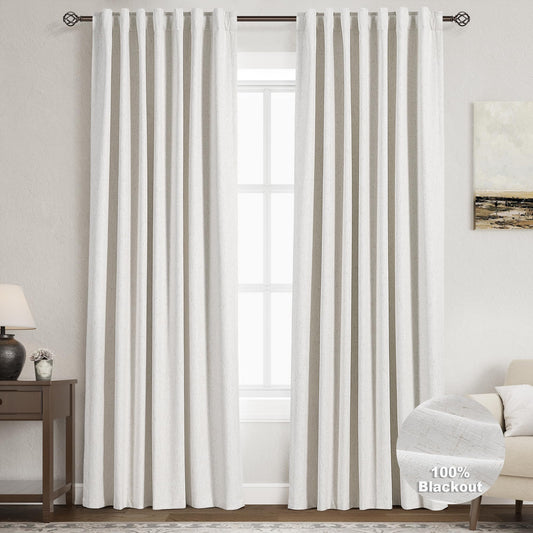 Cream Linen Blackout Curtains 84 inch Length 2 Panels Set for Bedroom Thermal Insulated 100% Blackout Linen Drapes Pleated Look Back Tab Neutral Rustic Farmhouse Room Darkening Curtains Ivory