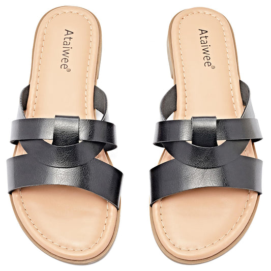 Ataiwee Women's Flat Slide Sandals - Ladies Casual Slip On Criss Cross Strap Summer Shoes.(2307011,BK/MF,6)