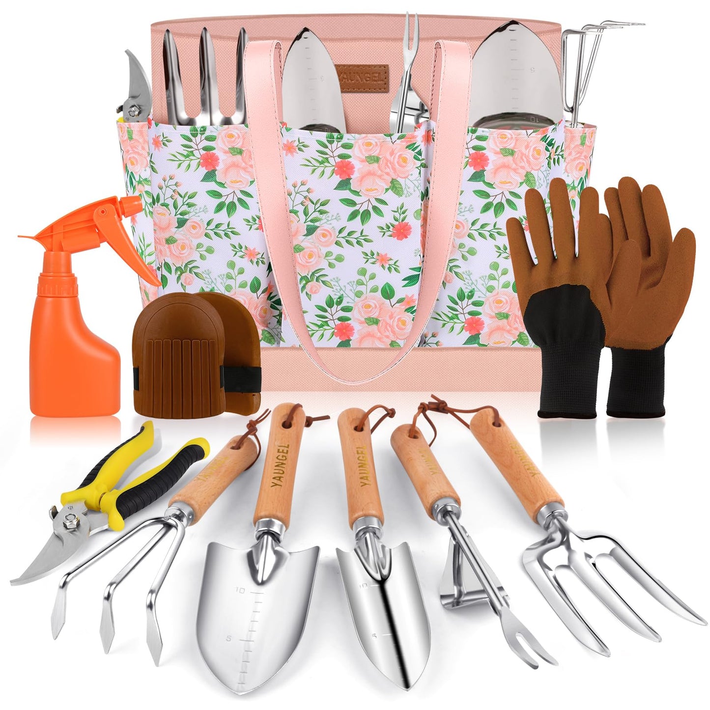 Garden Tools Set, YAUNGEL Gardening Tools Heavy Duty Stainless Steel Gardening Supplies Hand Tools with Wooden Handle, Storage Tote Bag, Ideal Gardening Gifts for Women and Men, Pink