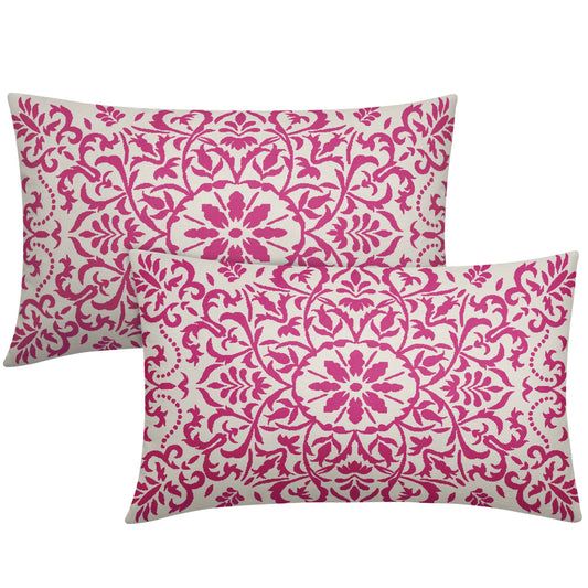 Hot Pink Ethnic Boho Pillow Covers 12 X 20 Inch Bohemian Carpet Style Vintage Flower Print Decorative Throw Pillows Outdoor Linen Lumbar Cushion Case Farmhouse Decor for Home Sofa Bed Set of 2