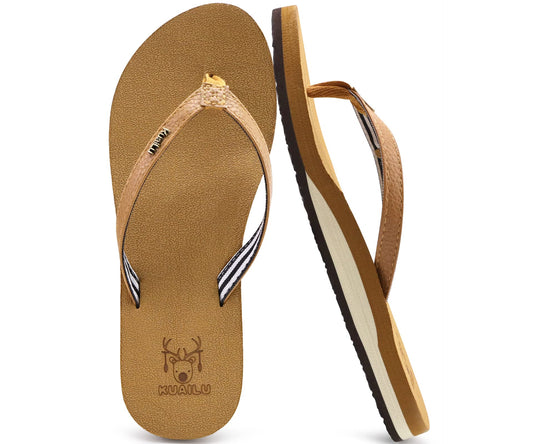 KuaiLu Women's Yoga Foam Flip Flops with Arch Support Thong Sandals Non-Slip PU Khaki Size 8.5