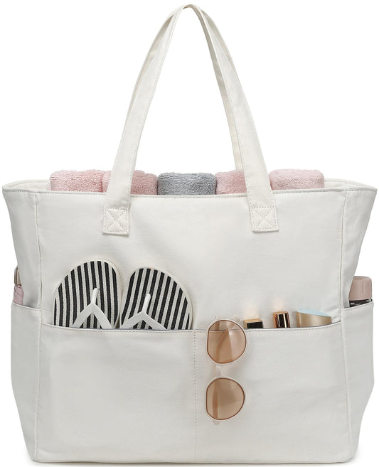 LEDAOU Large Beach Tote Bag Women Waterproof Sandproof Zipper Beach Tote Bag for Pool Gym Grocery Travel with Wet Pocket (Beige 2)