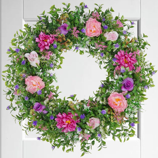 Spring Wreaths for Front Door,24 Inch Spring Wreath with Colorful Flower and Green Leaves,Indoor Outdoor Wreaths for Home Porch Farmhouse Decoration DiliComing
