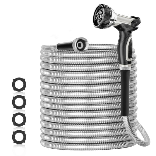 SPECILITE 50ft 304 Stainless Steel Garden Hose Metal, Heavy Duty Water Hoses with Nozzles for Yard, Outdoor - Flexible, Never Kink & Tangle, Puncture Resistant