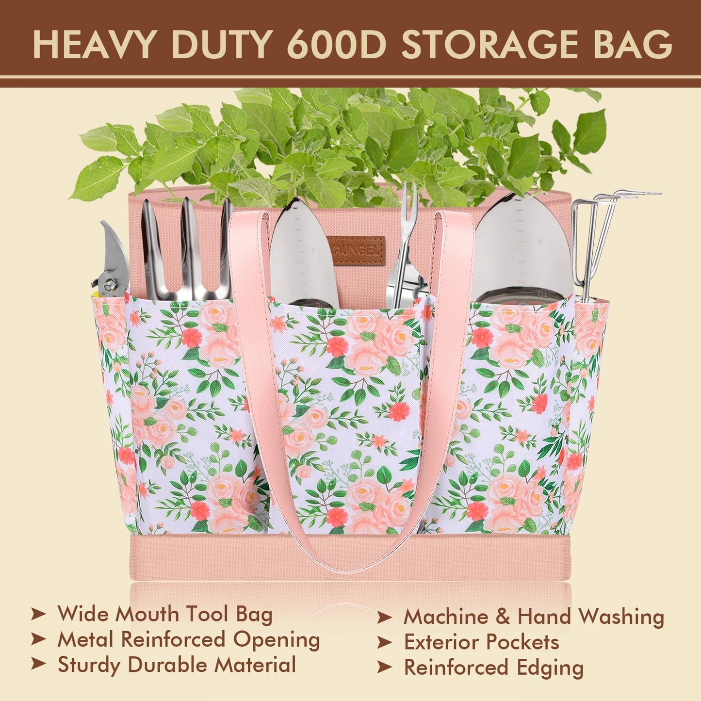 Garden Tools Set, YAUNGEL Gardening Tools Heavy Duty Stainless Steel Gardening Supplies Hand Tools with Wooden Handle, Storage Tote Bag, Ideal Gardening Gifts for Women and Men, Pink