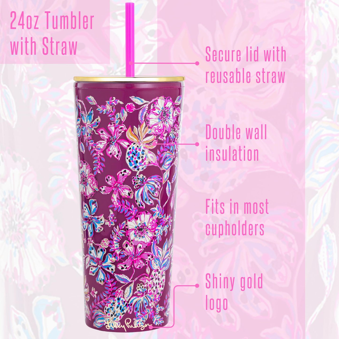 Lilly Pulitzer Double Wall Tumbler with Lid and Reusable Straw, Insulated Travel Cup Holds 24 Ounces, Amarena Cherry