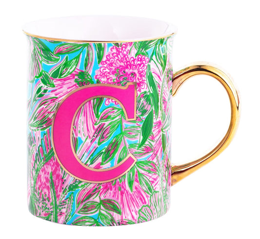 Lilly Pulitzer Initial Ceramic Coffee Mug, 14 Oz Tea Cup, Cute Mug with Gold Handle and Gift Box, C (Coming In Hot)