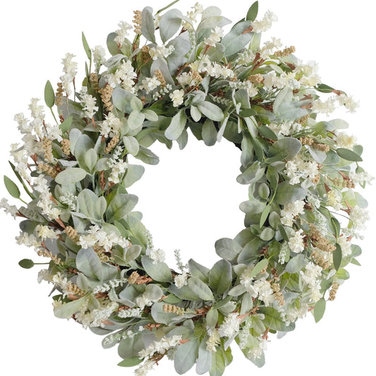 Egolot 24 Inch Summer Spring Ivory Flowers Wreath for Front Door, Lamb Ears Leaves