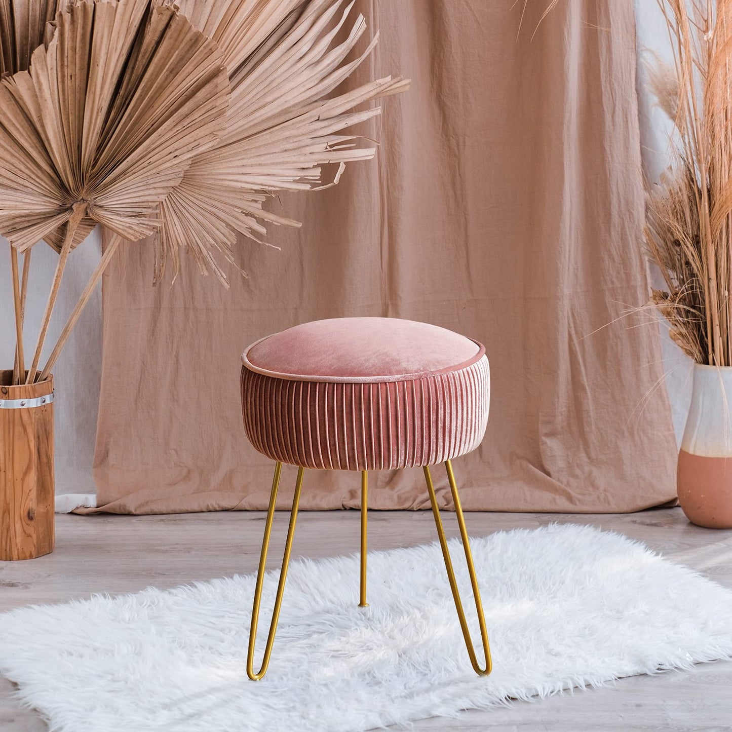 LUE BONA Pleated Vanity Stool, Velvet Upholstered Vanity Stool for Makeup Room, Round Mondern Stool for Vanity, Ottoman Footrest Stool with Metal Legs for Living Room, Bedroom, Pink