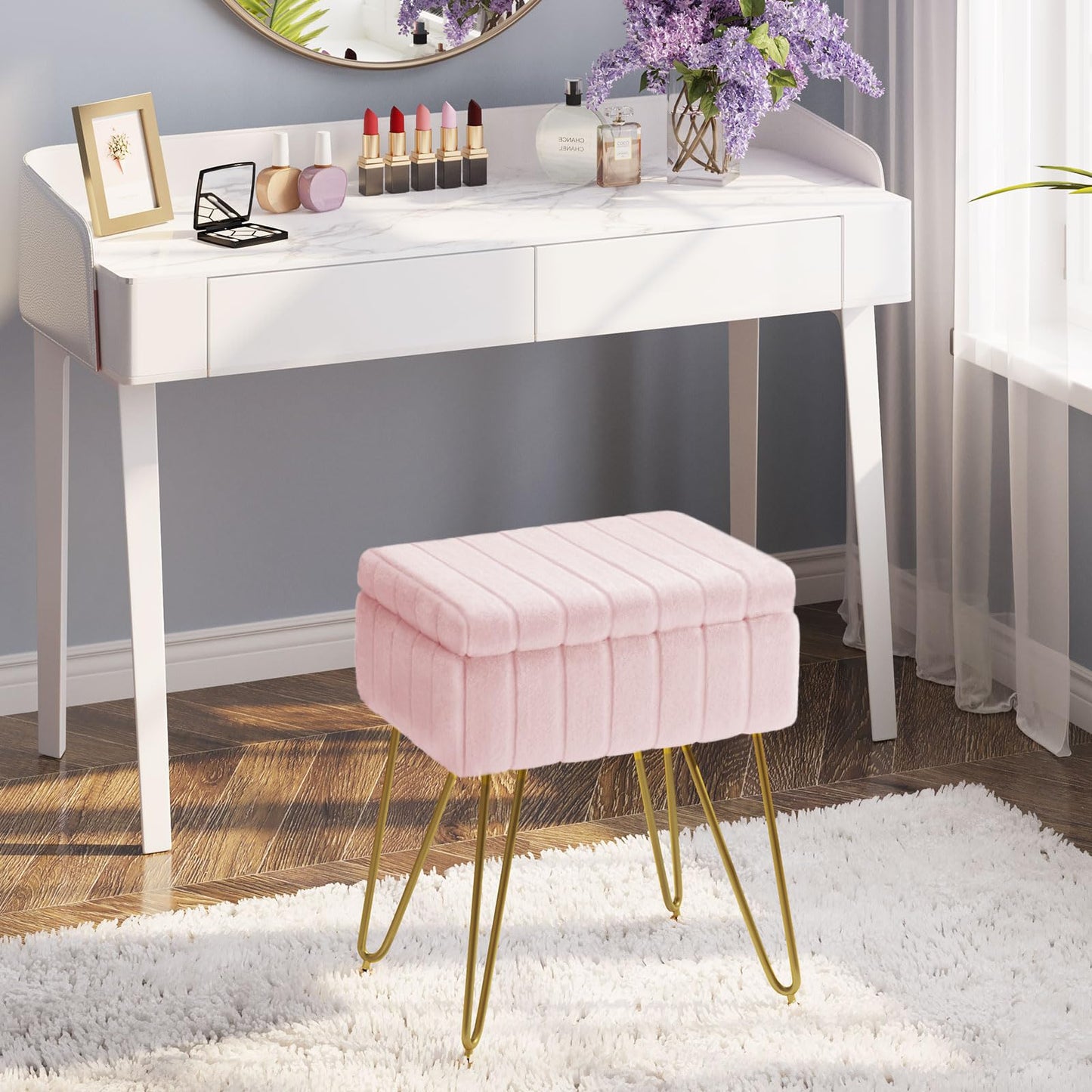 Vanity Stool Chair Faux Fur with Storage, 15.7"L x 11.8"W x 19.4"H Ottoman, Furry Padded Seat, Modern Makeup Bedroom Pink