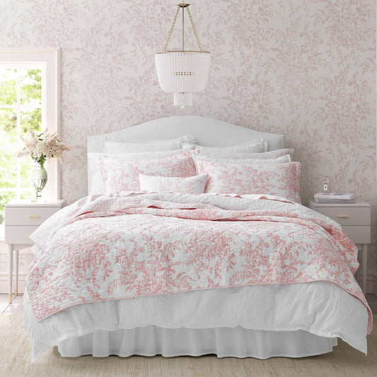 Laura Ashley Reversible Queen Quilt Set Matching Shams (Bedford Pink)