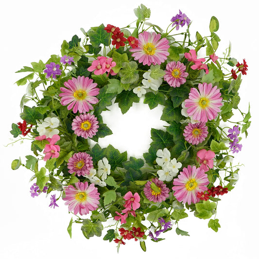 AMF0RESJ Spring Summer Wreath Daisy Wreath with Chrysanthemum,Daisy,Wildflower,Eucalyptus Leaves,Ivy Leaves for Indoor Outdoor Farmhouse Home Wall Festival Decoration