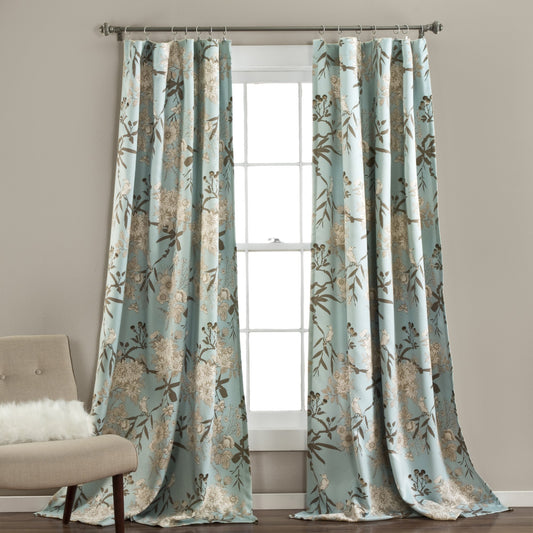 Lush Decor Botanical Garden Curtains Floral Bird Print Room Darkening Window Panel Drapes Set for Living, Dining, Bedroom (Pair), Blue, 52"W x 84L"